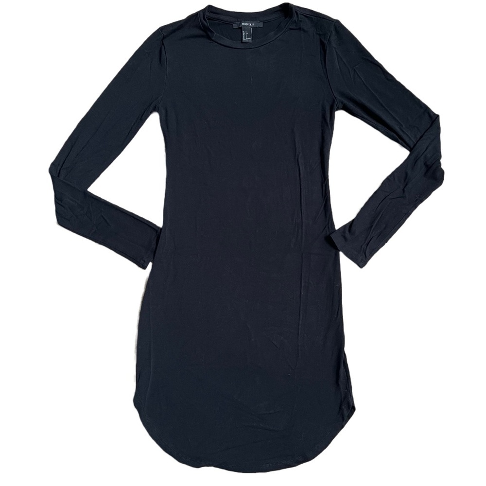 FOREVER 21 BLACK LONG SLEEVE FITTED MINI DRESS WITH CURVED HEM SIZE SMALL